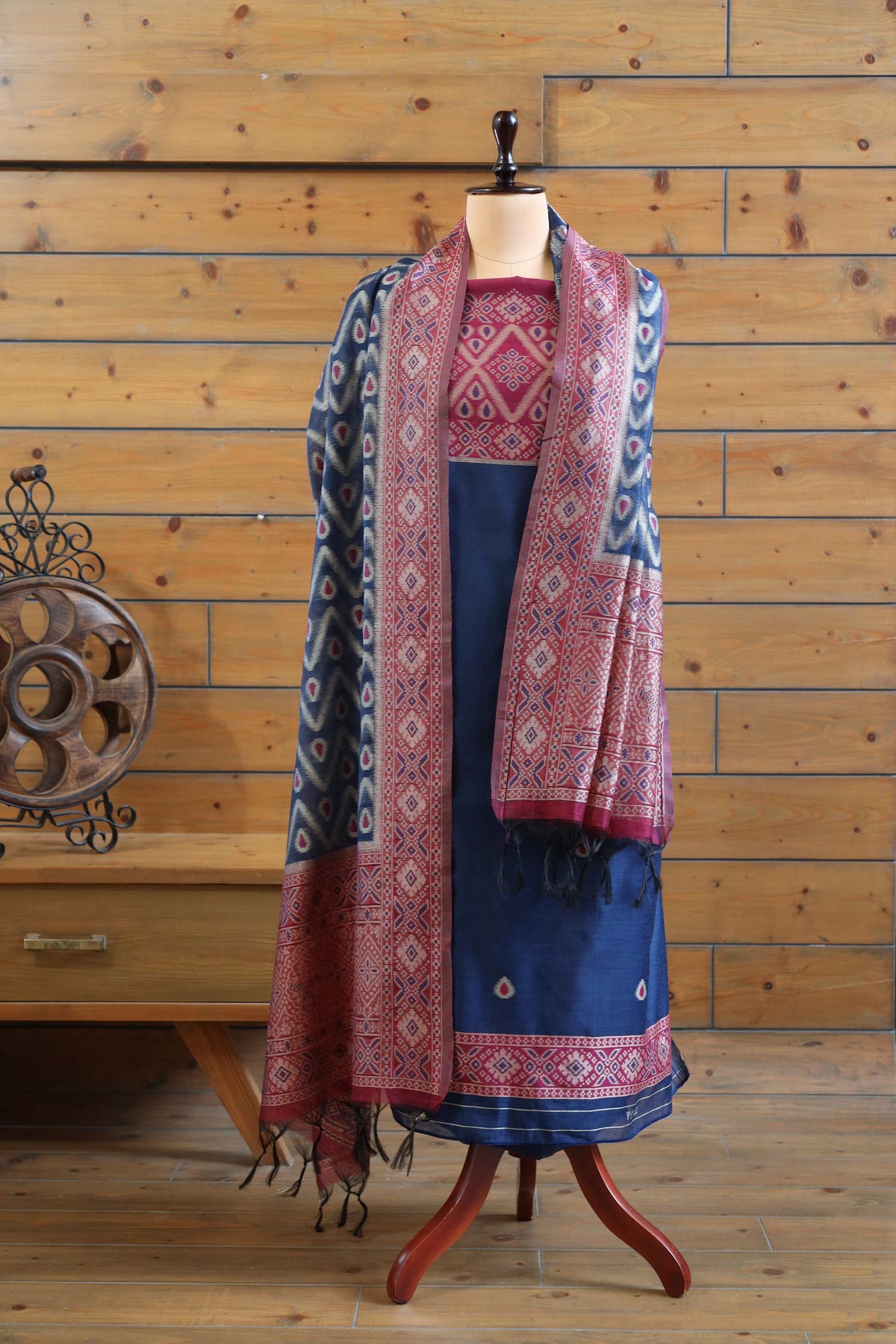 Aabha – The Artful Bloom | Ajrakh Mul Chanderi Suit Piece – Indigo Blue