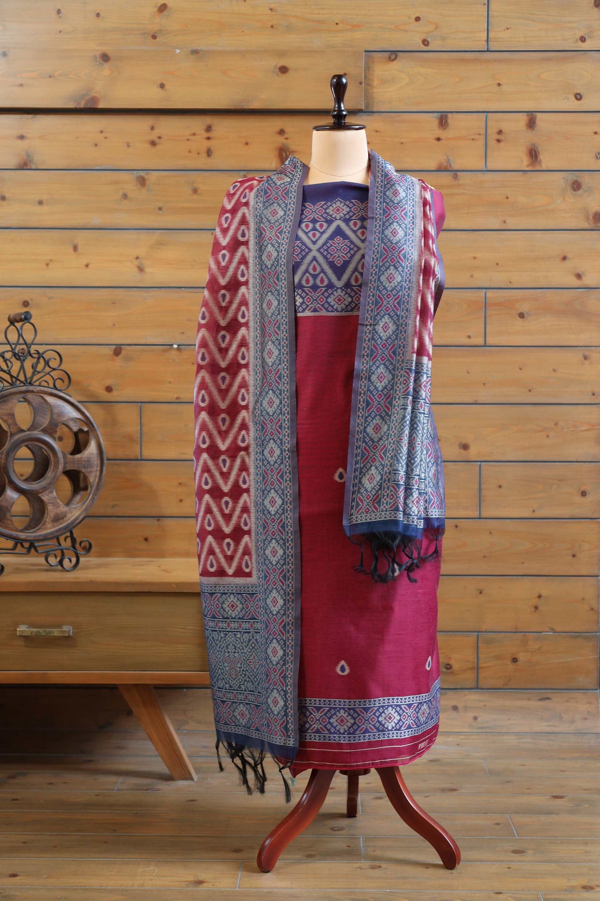 Aabha – The Artful Bloom | Ajrakh Mul Chanderi Suit Piece – Magenta Pink