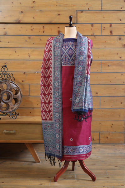 Aabha – The Artful Bloom | Ajrakh Mul Chanderi Suit Piece – Magenta Pink