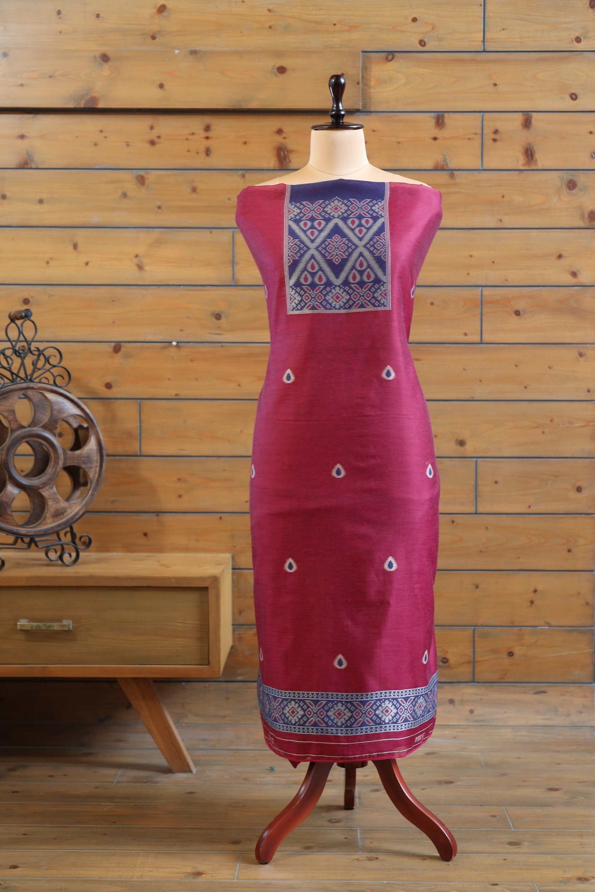 Aabha – The Artful Bloom | Ajrakh Mul Chanderi Suit Piece – Magenta Pink