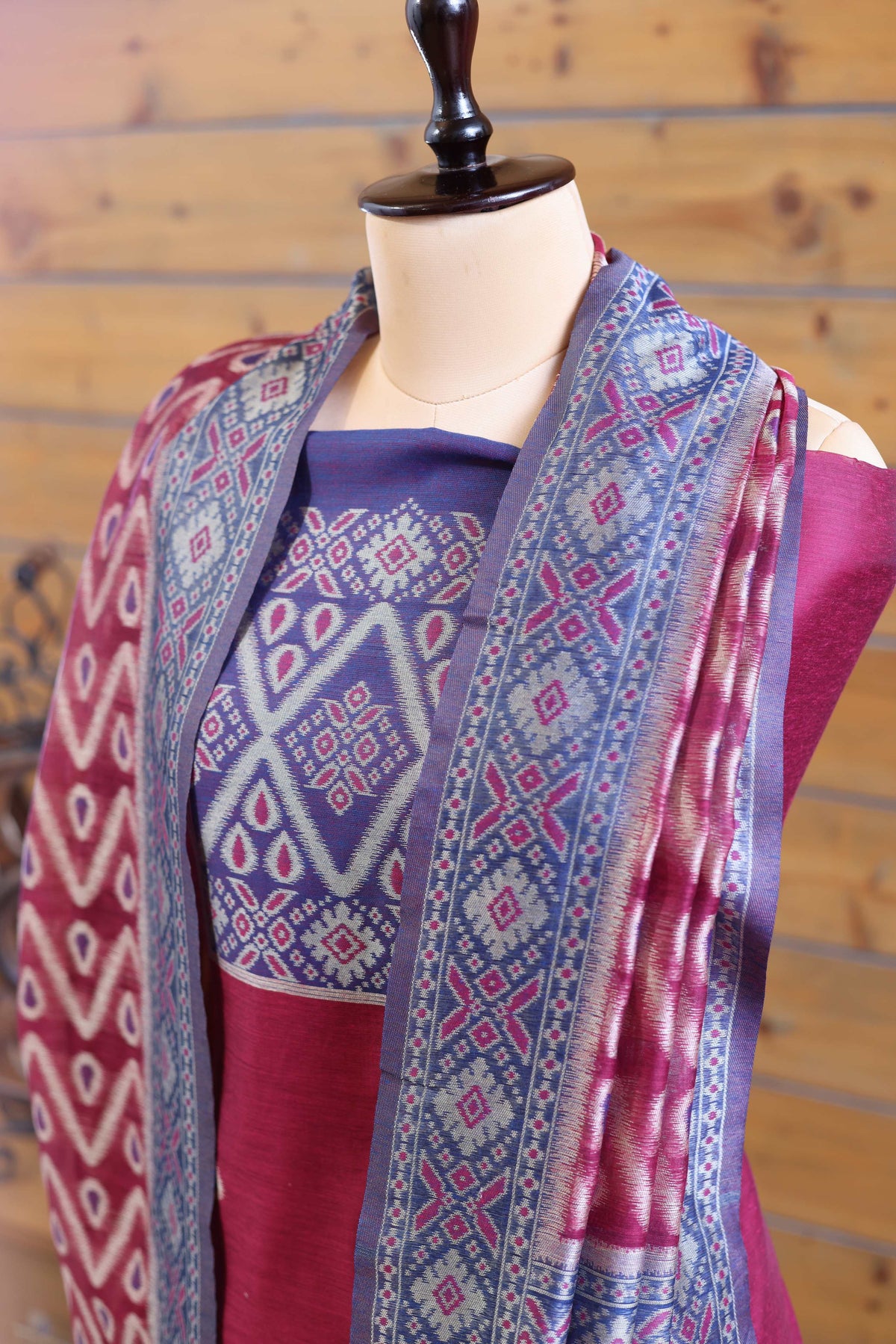 Aabha – The Artful Bloom | Ajrakh Mul Chanderi Suit Piece – Magenta Pink