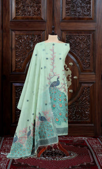 Meher – The Woven Glow | Jamdani Muga Cotton Suit Piece – Sea Green