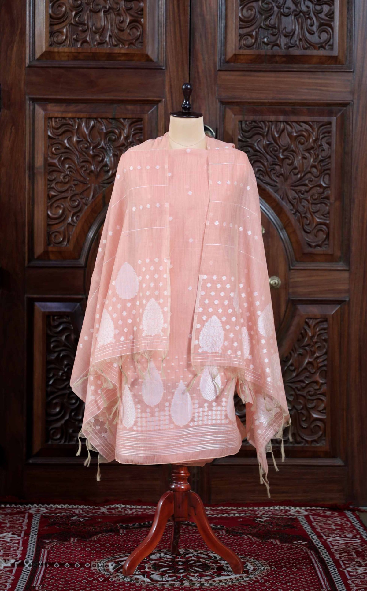 Virsa – The Timeless Weave | Jamdani Muga Cotton Suit Piece – Peach