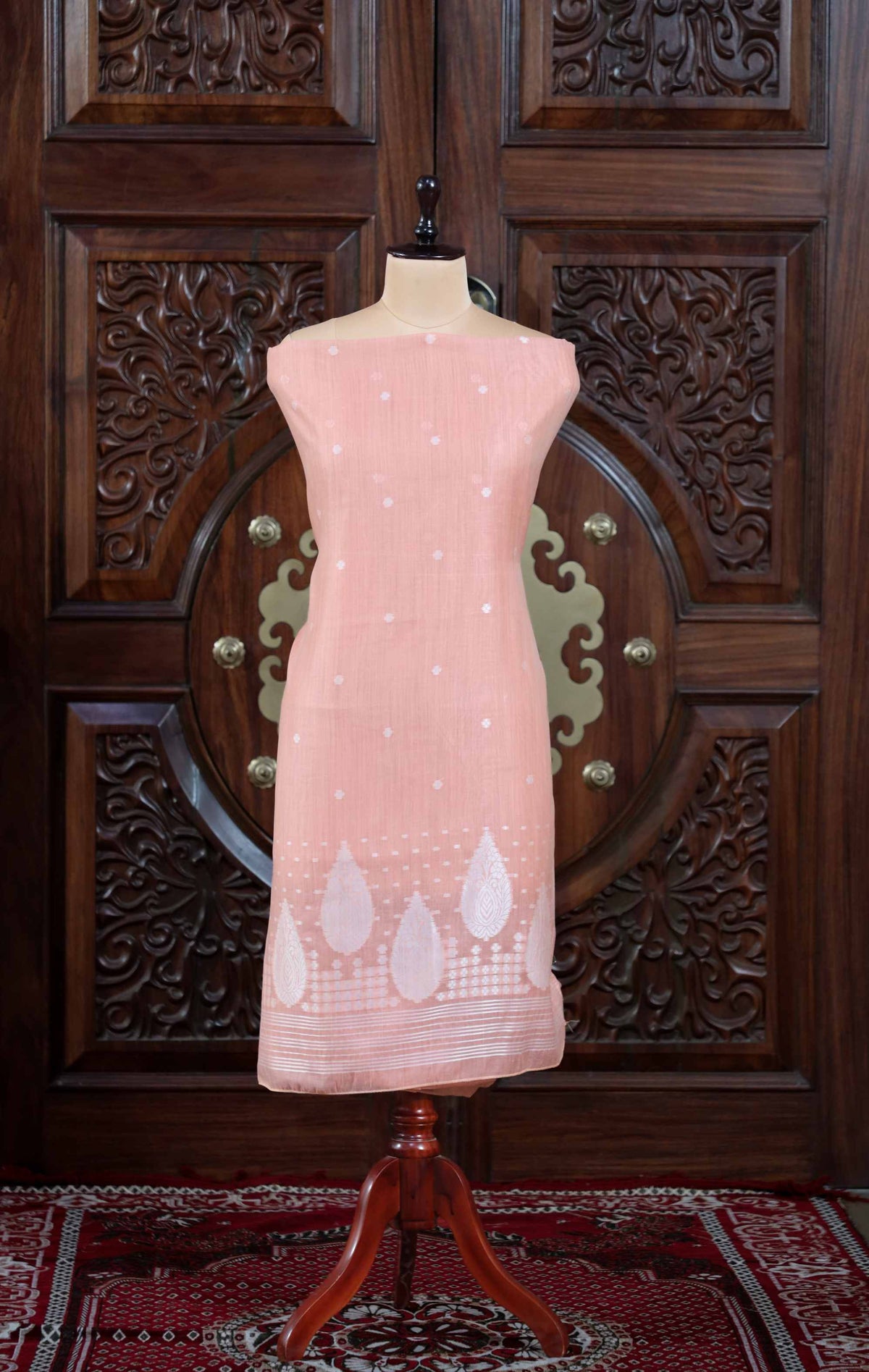 Virsa – The Timeless Weave | Jamdani Muga Cotton Suit Piece – Peach
