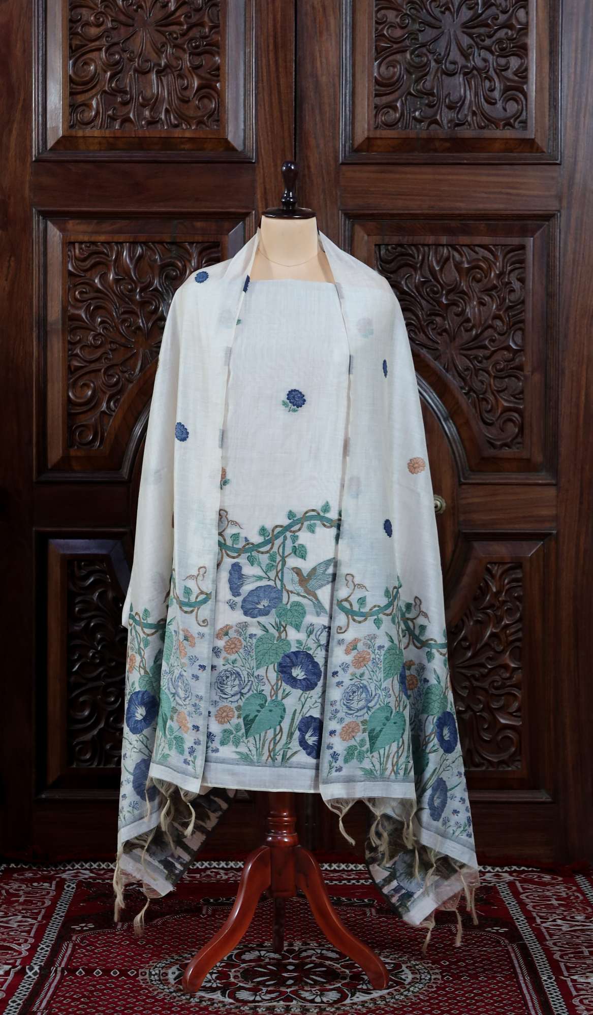 Katha – The Woven Tale | Muga Cotton Suit Piece – Off-White Navy Blue