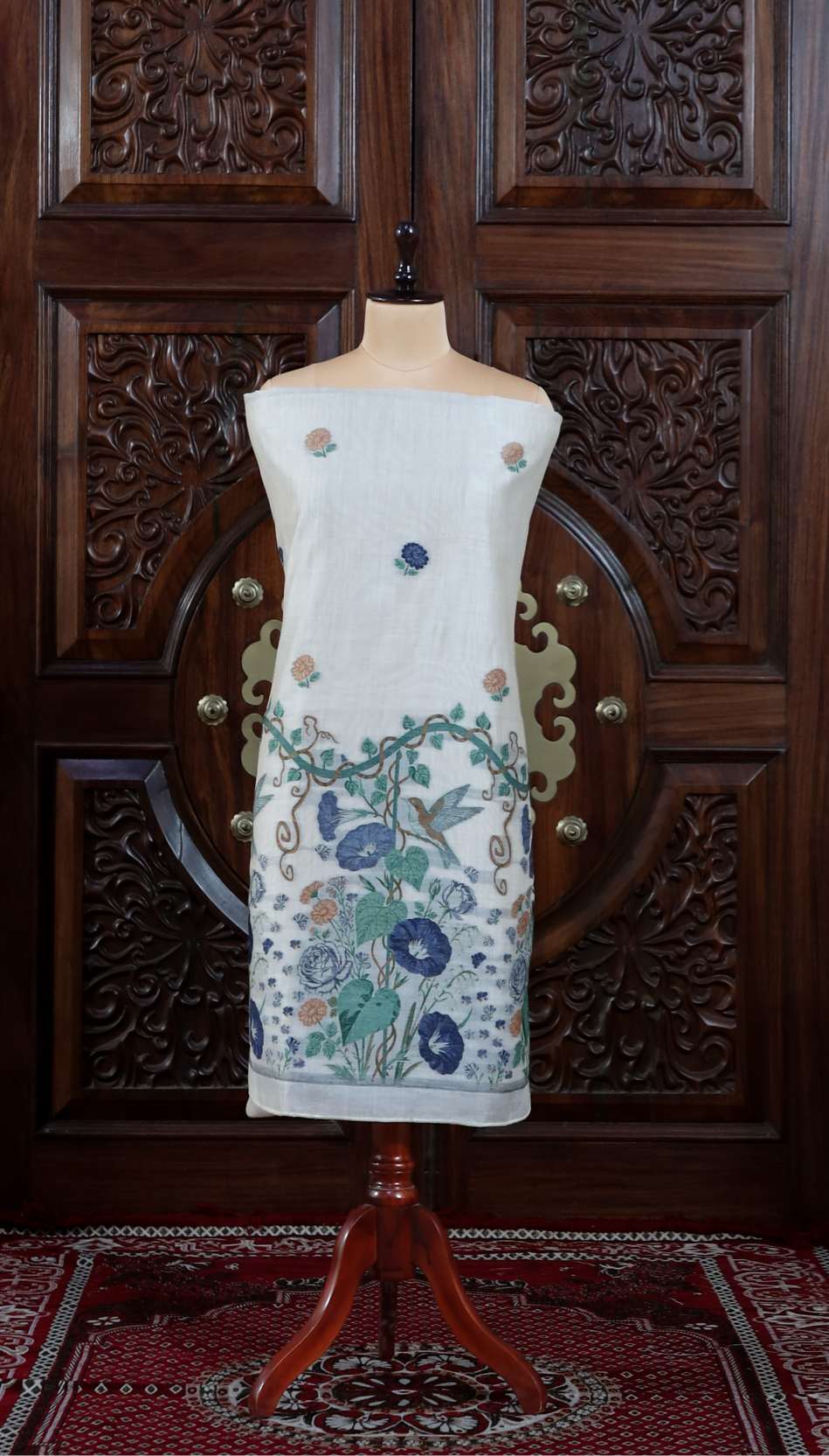 Katha – The Woven Tale | Muga Cotton Suit Piece – Off-White Navy Blue