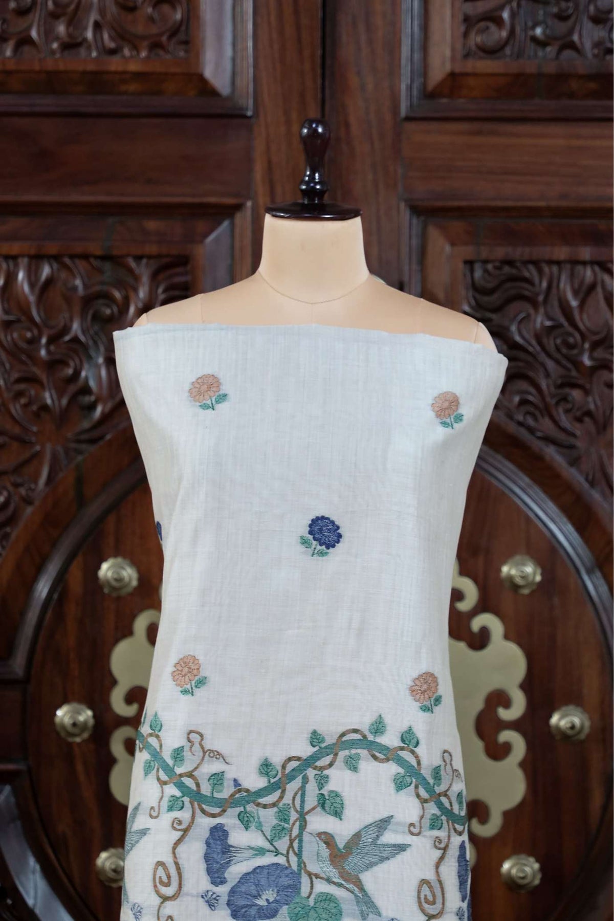 Katha – The Woven Tale | Muga Cotton Suit Piece – Off-White Navy Blue
