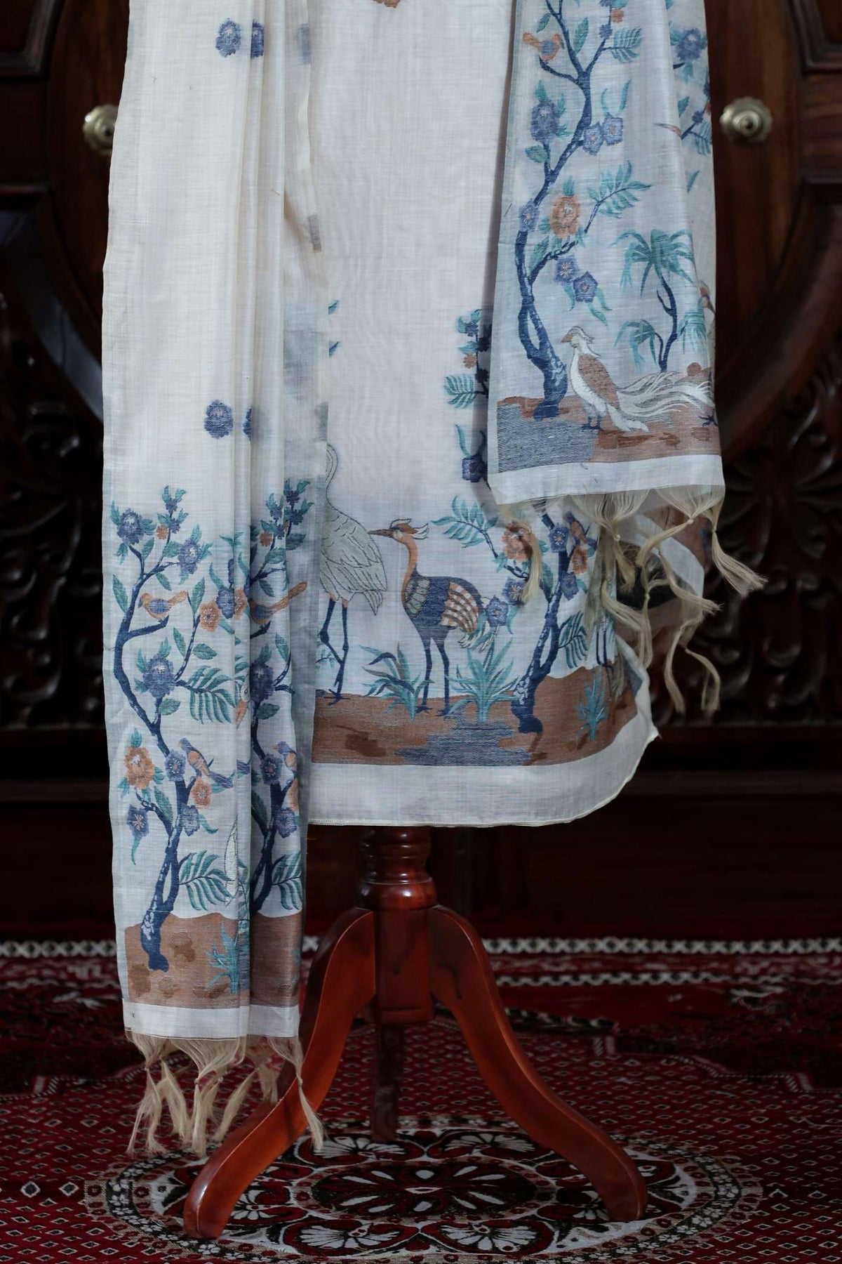 Dhara – The Earthly Flow | Muga Cotton Suit Piece – Off-White Navy Blue