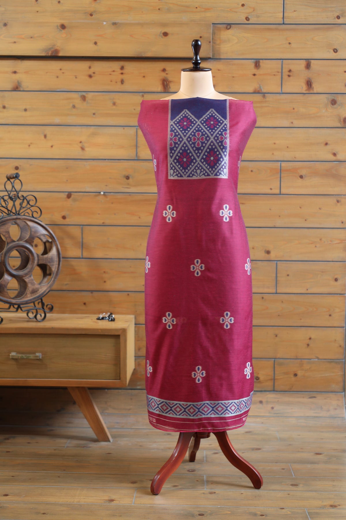 Madhuban – The Painted Heritage | Ajrakh Mul Chanderi Suit Piece – Magenta Pink