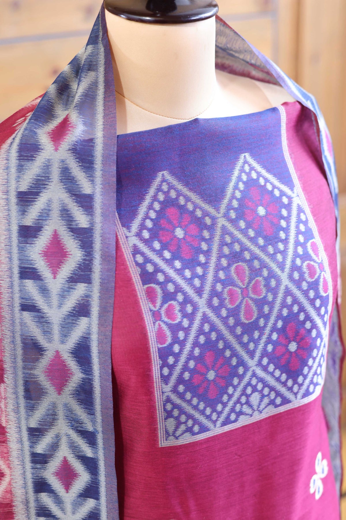 Madhuban – The Painted Heritage | Ajrakh Mul Chanderi Suit Piece – Magenta Pink