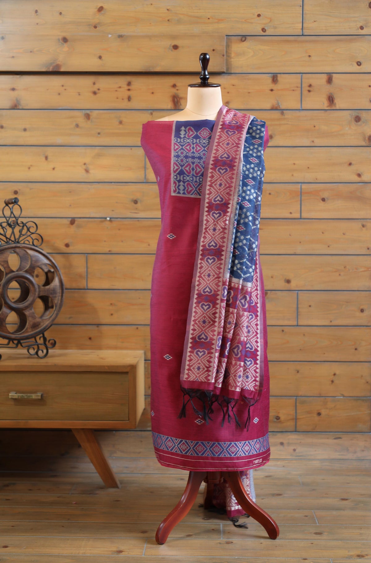 Gul – The Floral Heritage | Ajrakh Mul Chanderi Suit Piece – Magenta Pink