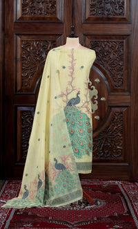 Meher – The Woven Glow | Jamdani Muga Cotton Suit Piece – Lemon Yellow