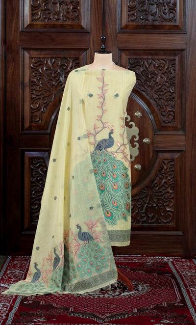 Meher – The Woven Glow | Jamdani Muga Cotton Suit Piece – Lemon Yellow