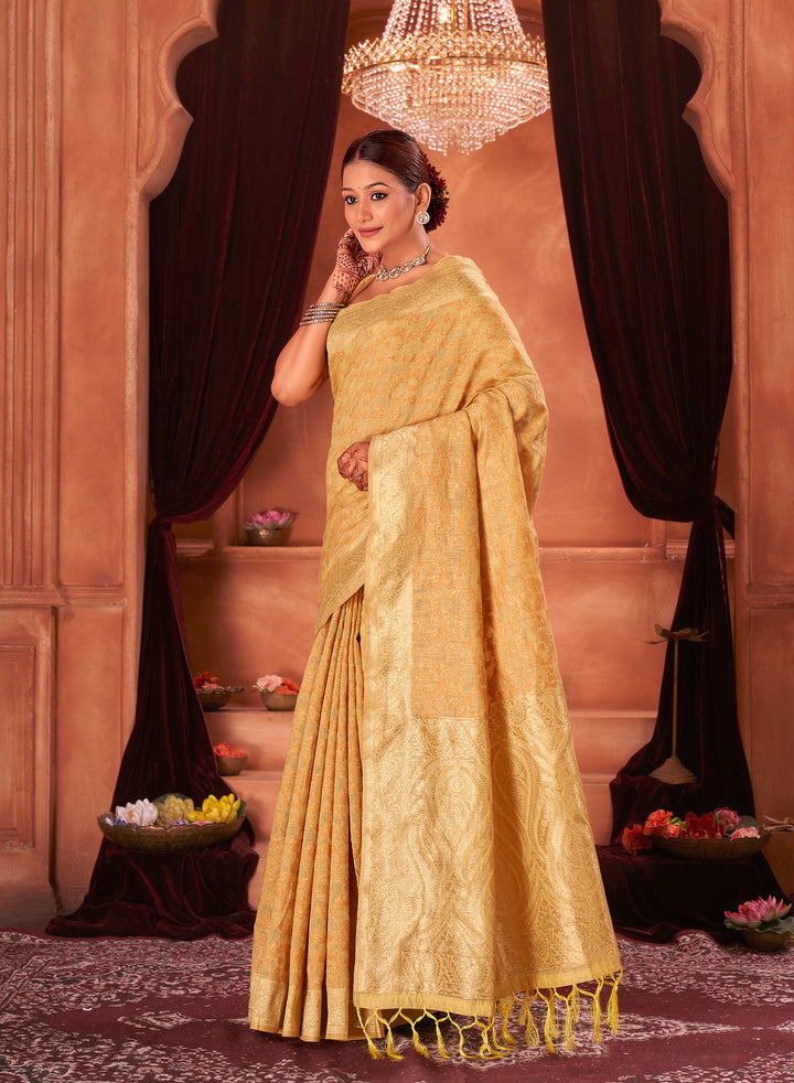 Lemon Mustard Chanderi Paisley Saree Weavekaari