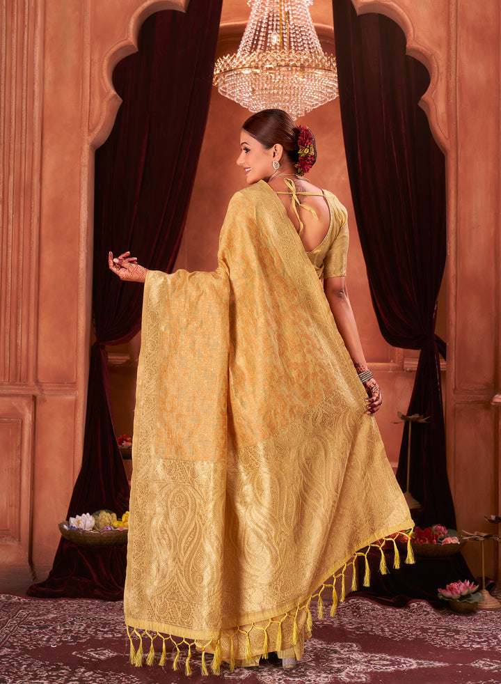 Lemon Mustard Chanderi Paisley Saree Weavekaari