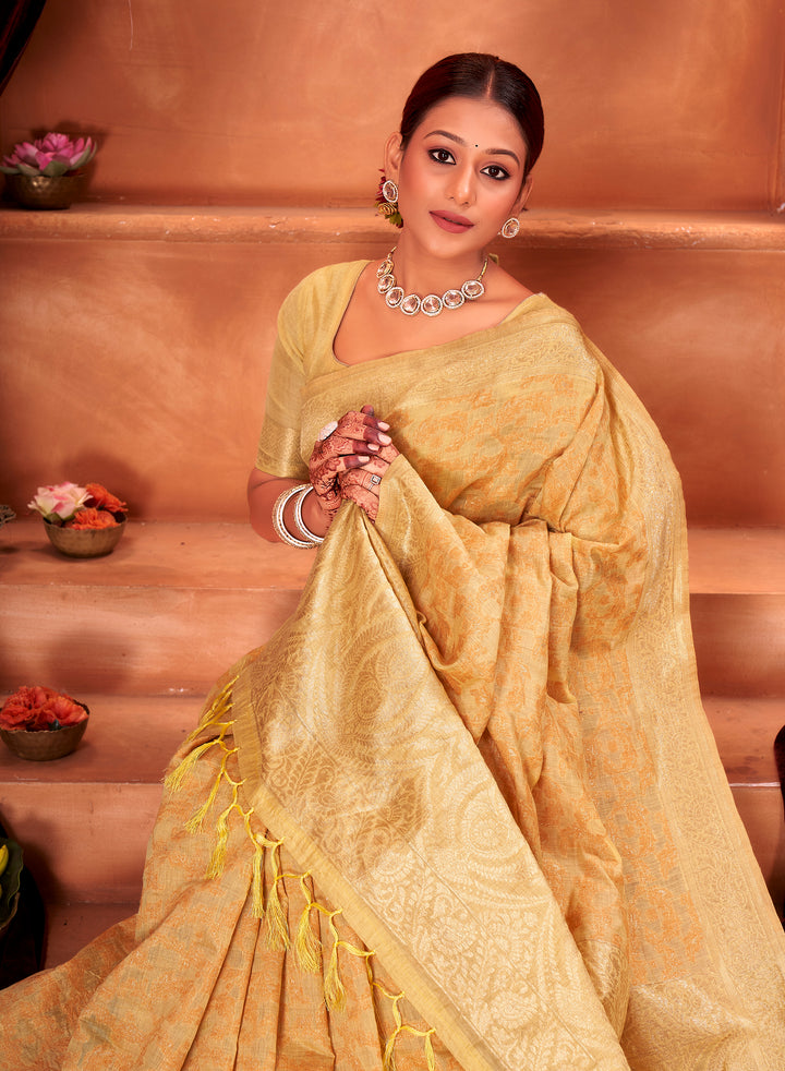 Lemon Mustard Chanderi Paisley Saree Weavekaari