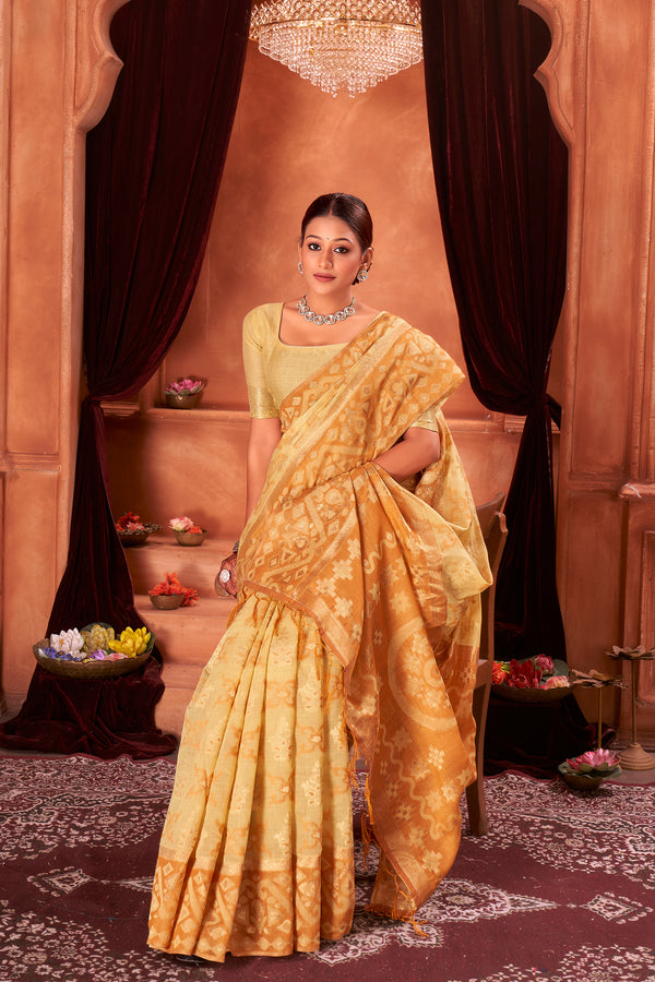 Pastel Lemon Chanderi Saree Weavekaari