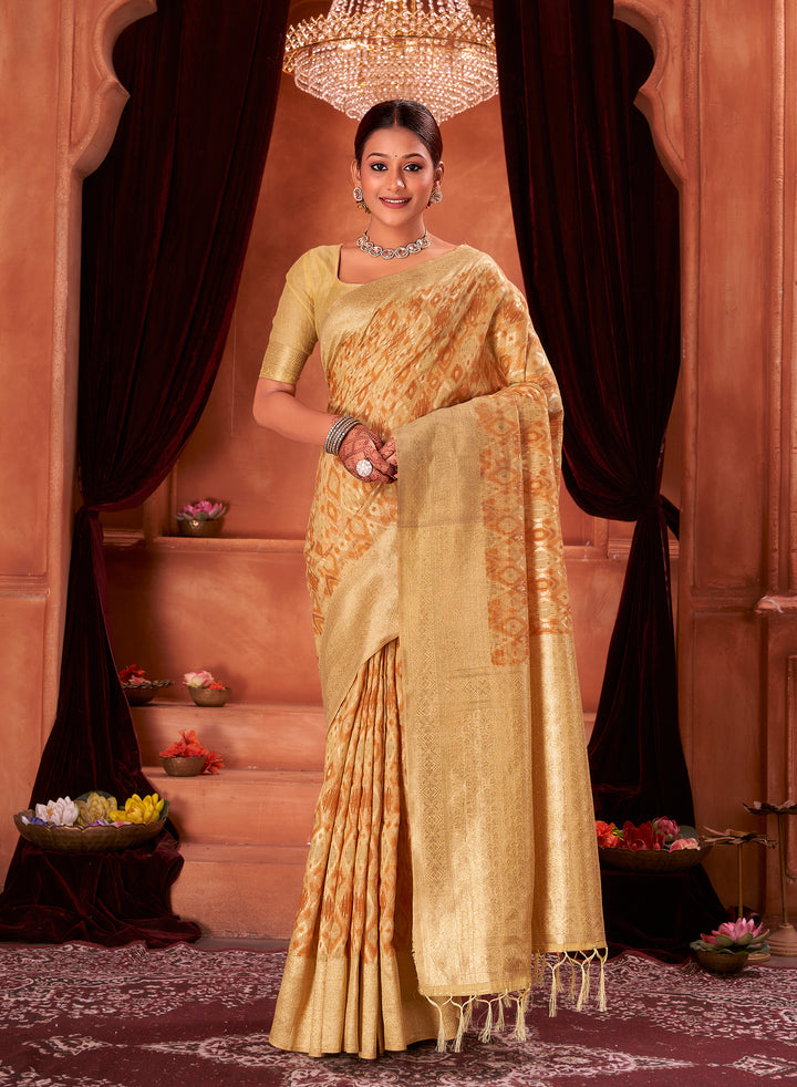 Lemon Mustard Ikat Saree Weavekaari