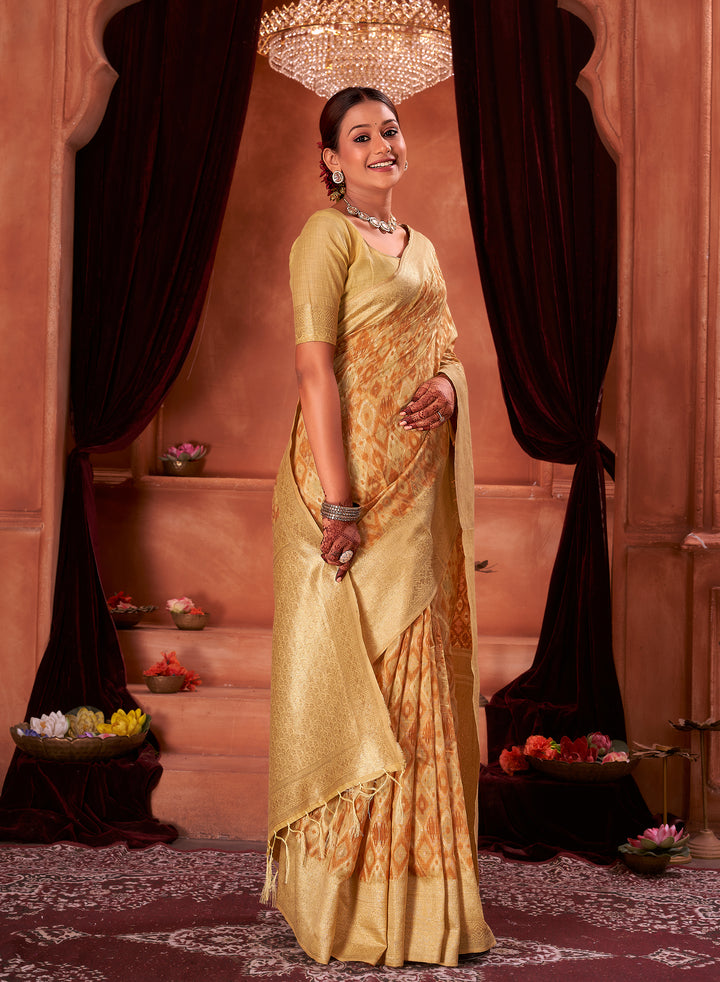 Lemon Mustard Ikat Saree Weavekaari