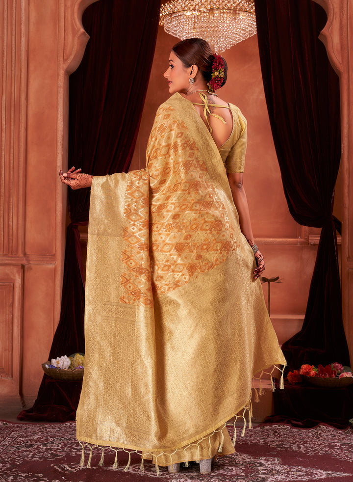 Lemon Mustard Ikat Saree Weavekaari