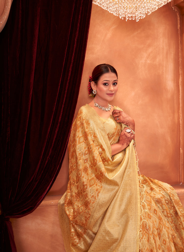 Lemon Mustard Ikat Saree Weavekaari