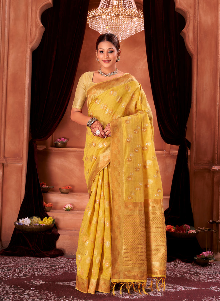 Gold Lemon Banarasi Butta Saree Weavekaari