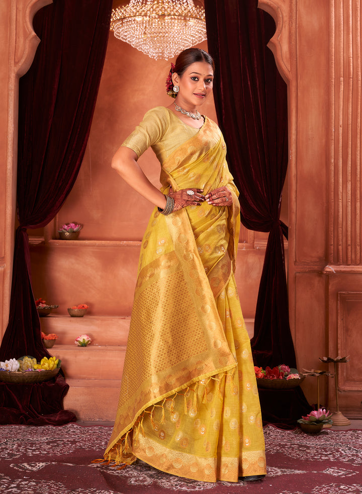 Gold Lemon Banarasi Butta Saree Weavekaari