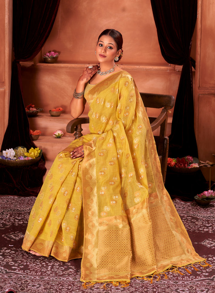 Gold Lemon Banarasi Butta Saree Weavekaari