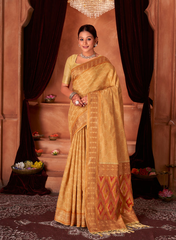 Mustard Lemon Ikat Pallu Saree Weavekaari