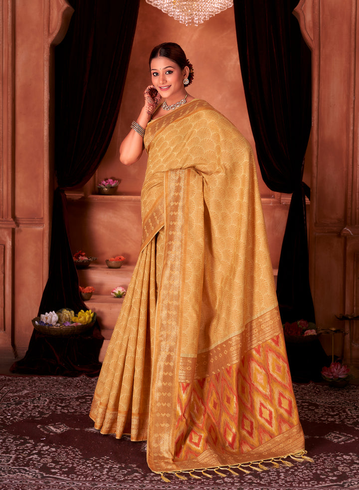 Mustard Lemon Ikat Pallu Saree Weavekaari