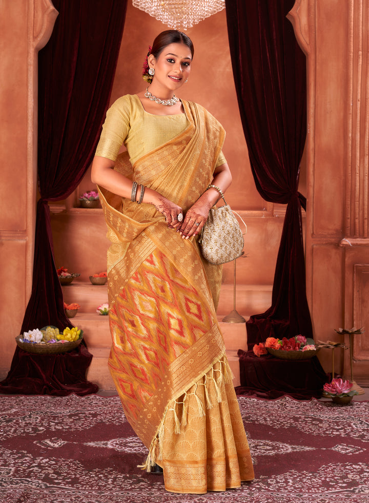 Mustard Lemon Ikat Pallu Saree Weavekaari