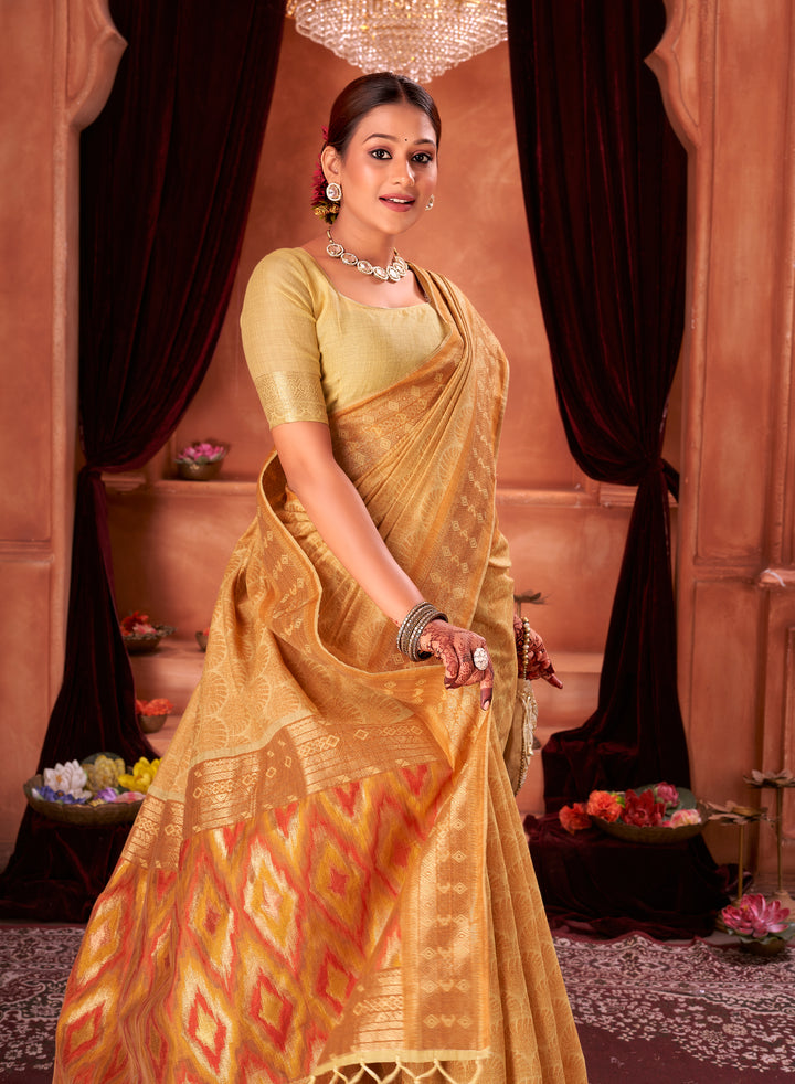 Mustard Lemon Ikat Pallu Saree Weavekaari