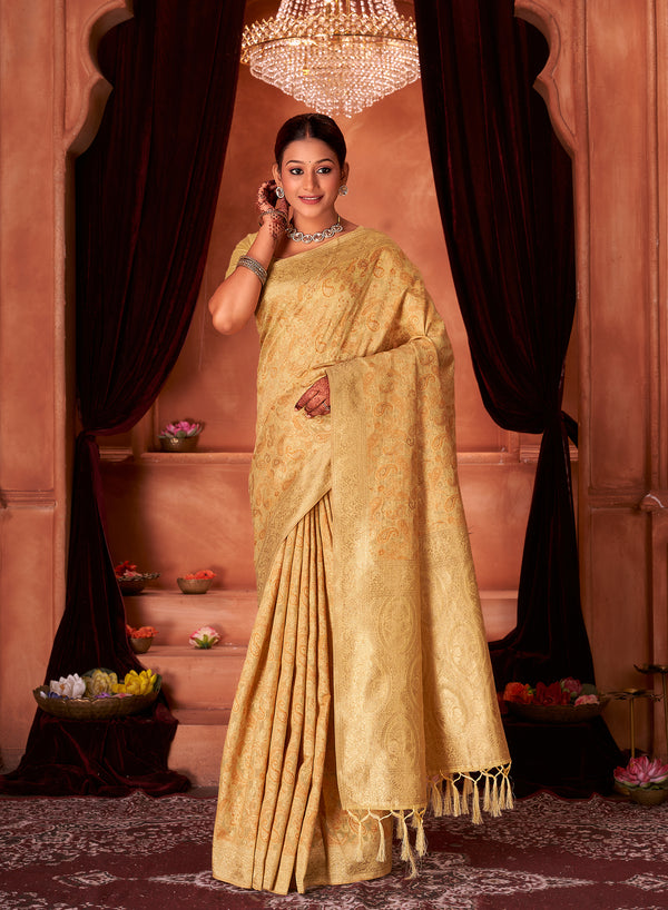 Lemon Mustard Chanderi Paisley Saree Weavekaari