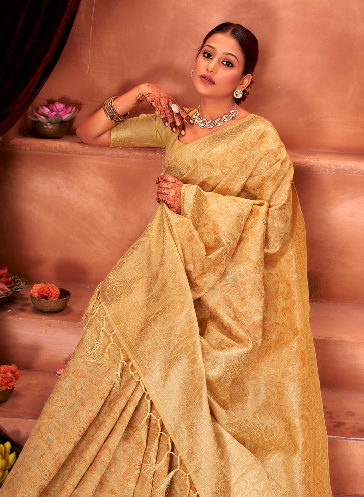 Lemon Mustard Chanderi Paisley Saree Weavekaari