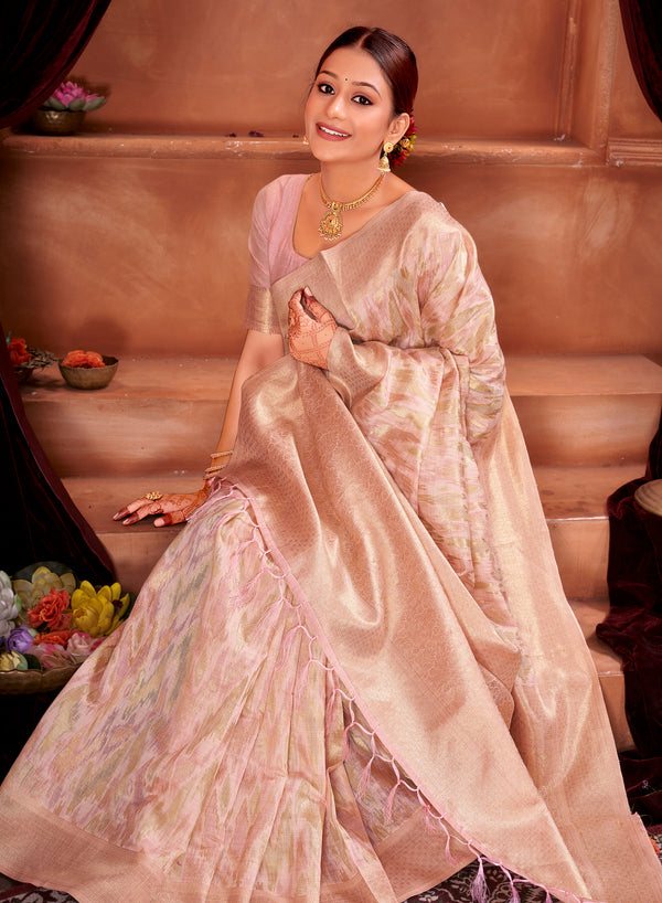 Baby Pink Ikat Saree Weavekaari