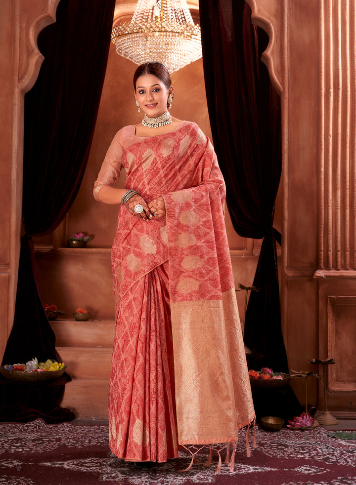 Red Peach Chanderi Saree Weavekaari