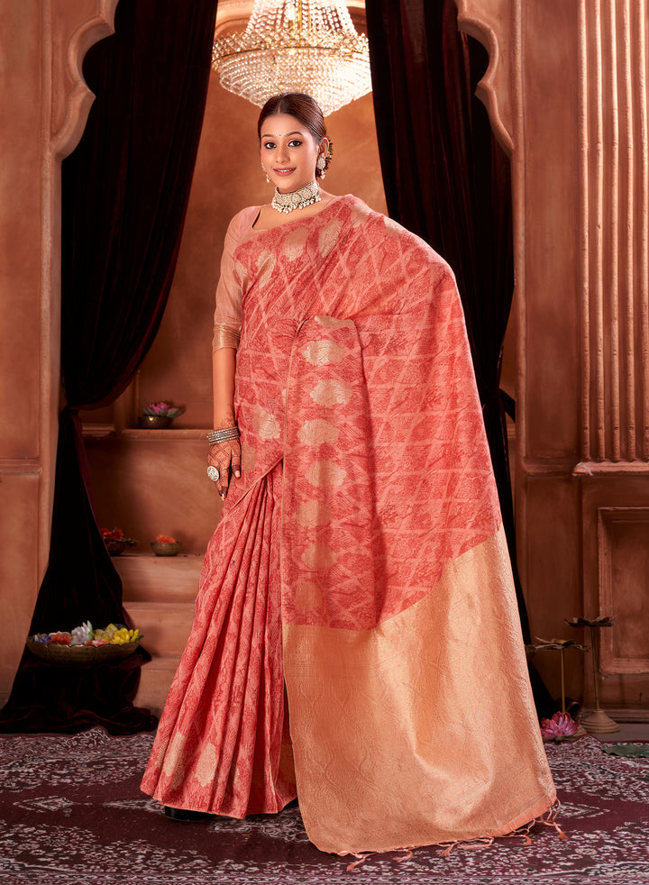 Red Peach Chanderi Saree Weavekaari