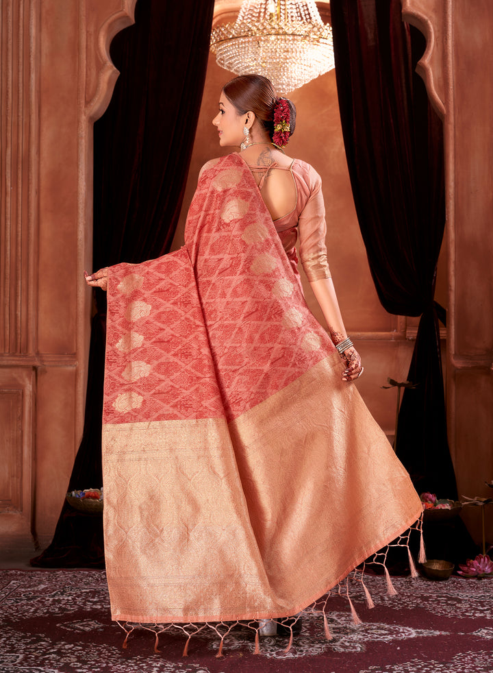 Red Peach Chanderi Saree Weavekaari