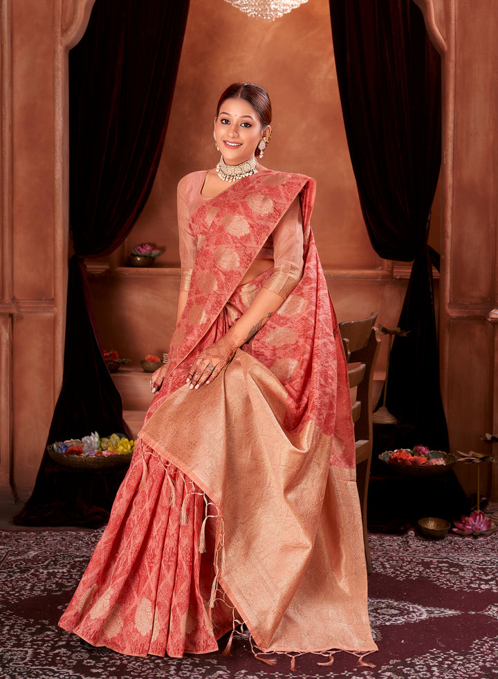 Red Peach Chanderi Saree Weavekaari