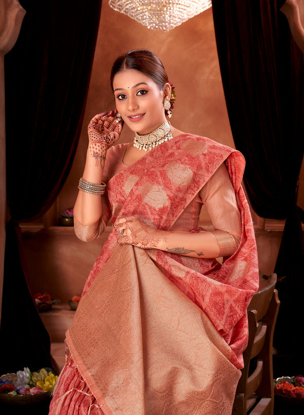 Red Peach Chanderi Saree Weavekaari