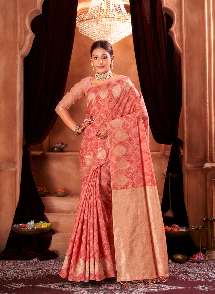 Red Peach Chanderi Saree Weavekaari