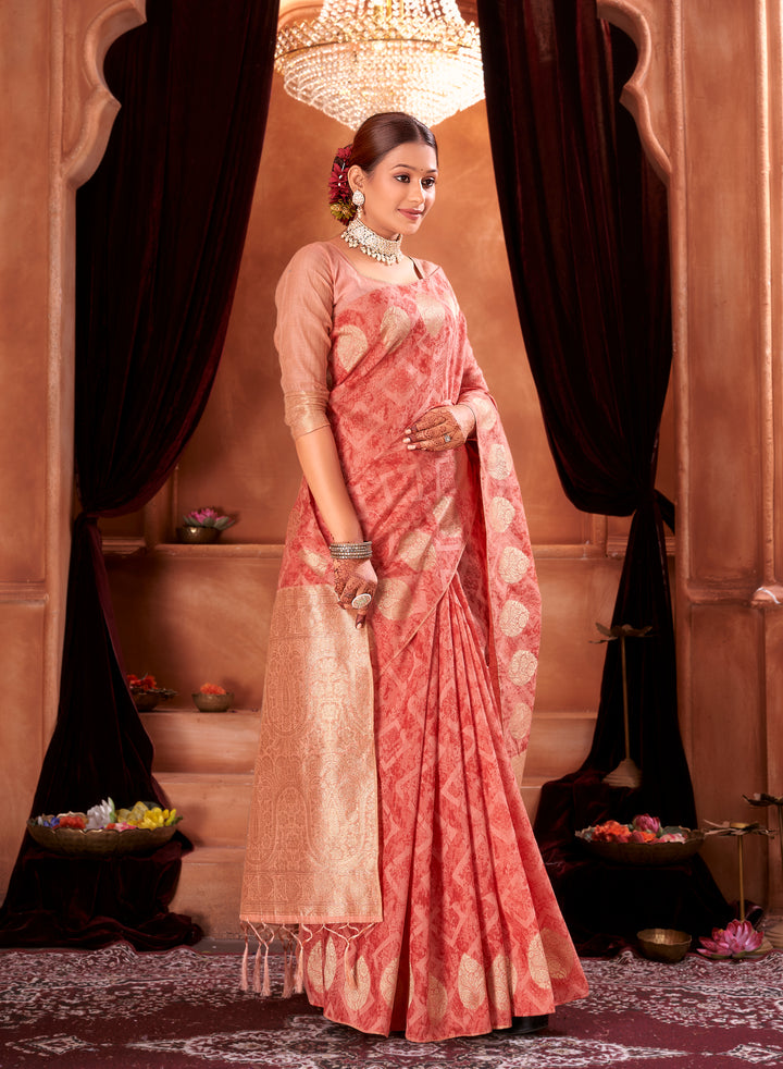 Red Peach Chanderi Saree Weavekaari