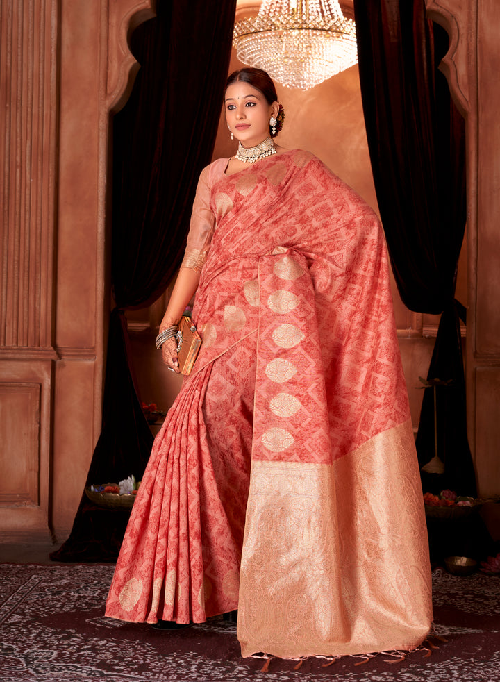 Red Peach Chanderi Saree Weavekaari