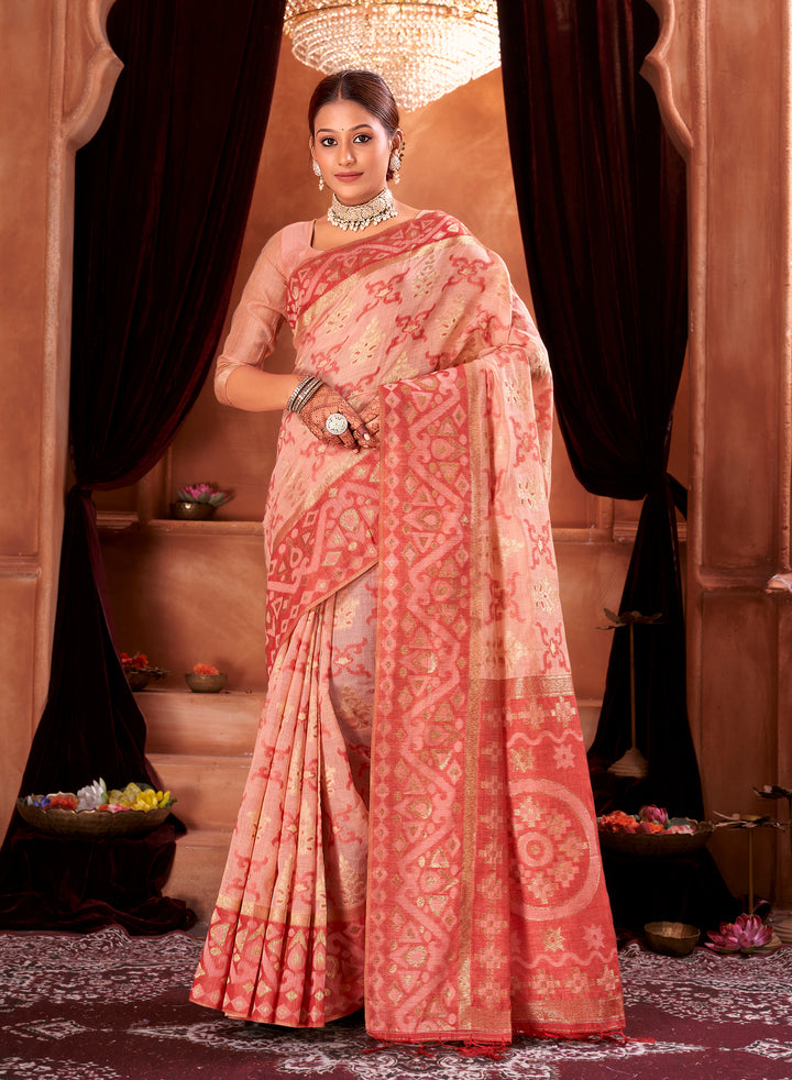 Peach Red Chanderi Saree Weavekaari