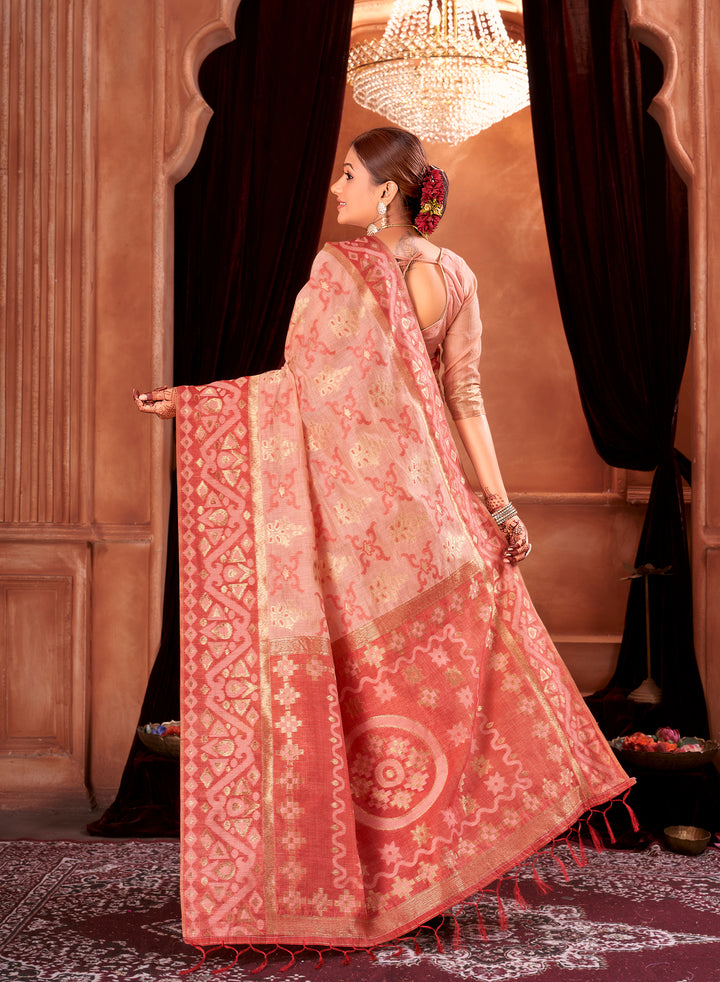 Peach Red Chanderi Saree Weavekaari