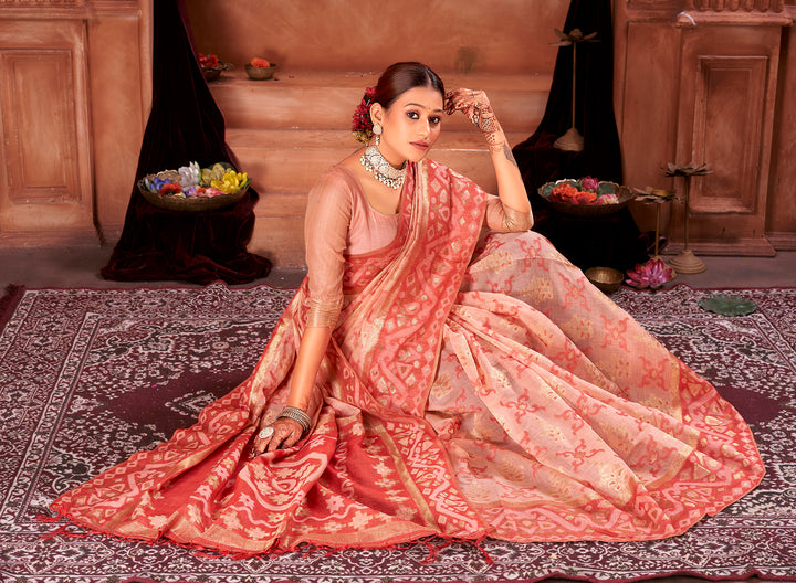 Peach Red Chanderi Saree Weavekaari