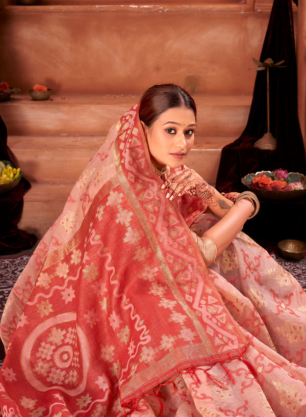 Peach Red Chanderi Saree Weavekaari