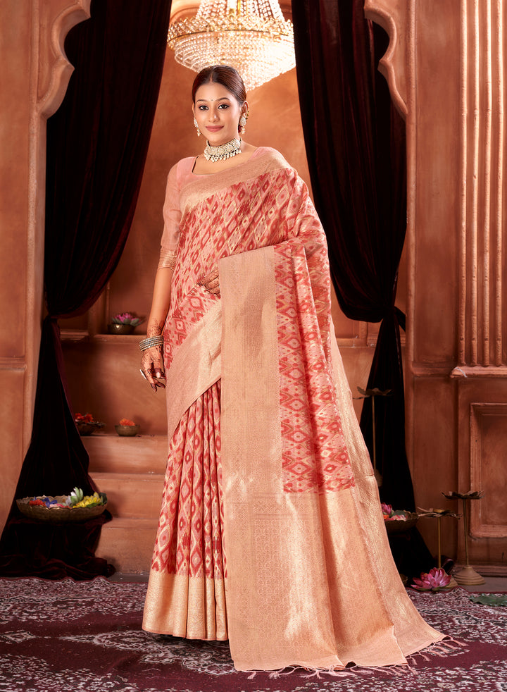 Red Peach Ikat Saree Weavekaari