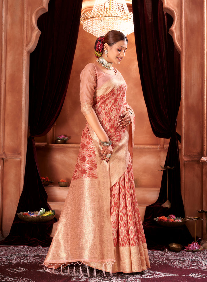 Red Peach Ikat Saree Weavekaari