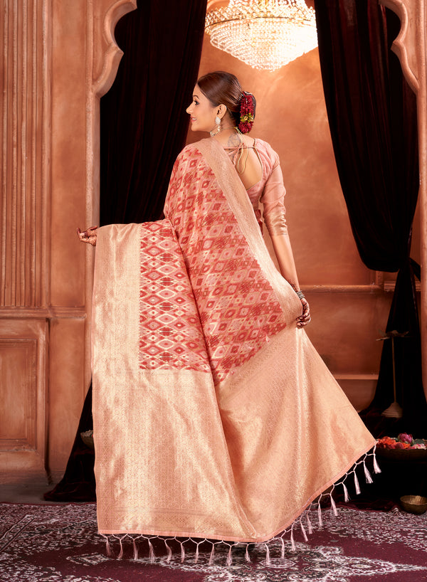 Red Peach Ikat Saree Weavekaari